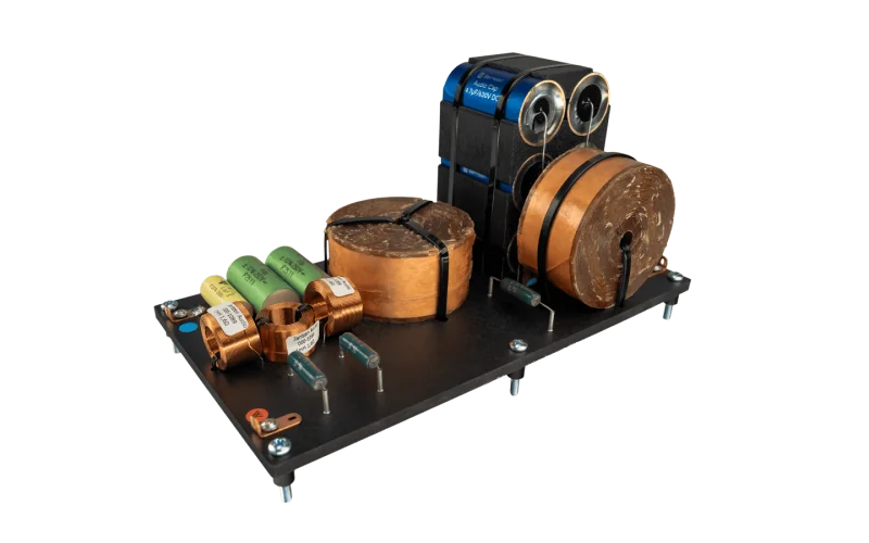 M8 crossover assembly with coils, capacitors, and resistors